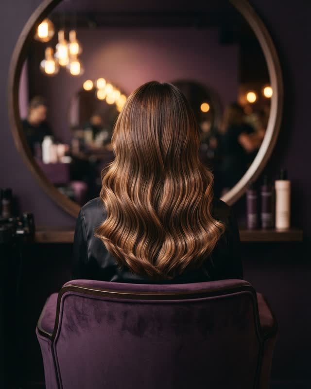 Cabelo finalizado com ondas e mechas caramelo em frente ao espelho do salão