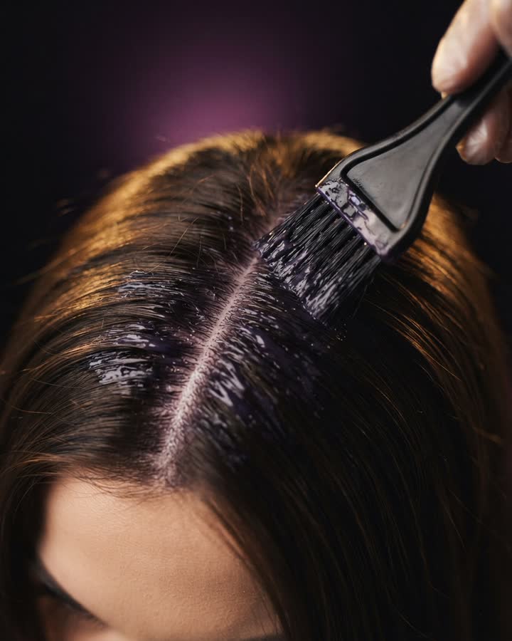 Pincel profissional aplicando coloração na raiz do cabelo